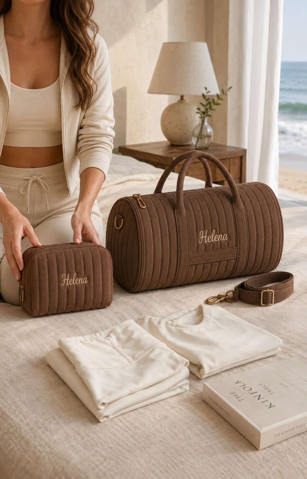 Kit OONA Café com bolsa e nécessaire bordadas Helena
